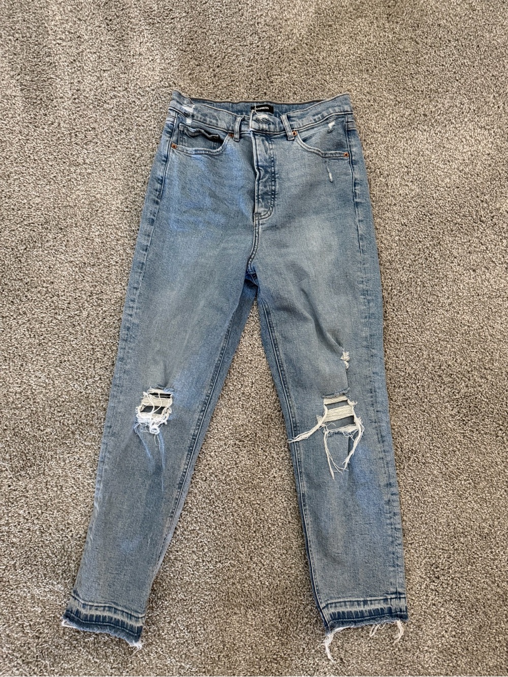 Express Light Wash Mom Jeans with Knee Rips